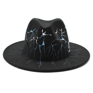 Black wool felt fedora hat featuring hand-painted blue and white lightning bolt designs