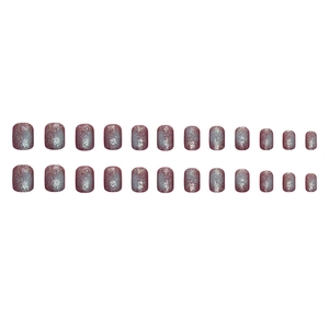 Smoky grey and purple gradient press-on nails with glitter starburst effect for women