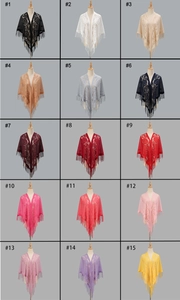 Catalogo dettagliato con 15 colori di scialli in pizzo floreale con frange e nappe