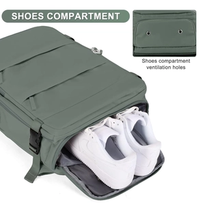 Fashionable green backpack featuring a bottom shoe compartment with metal ventilation holes
