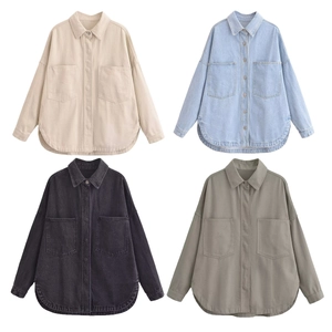 Western casual washed denim shirt jacket with long sleeves and dual chest pockets