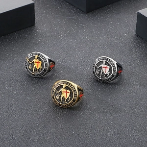 Detailed trio of vintage steel knight rings with red cross shields and bible engravings