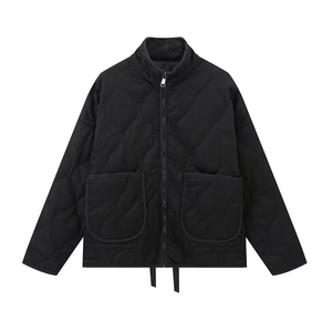 Women's black quilted jacket with stand collar, large pockets and front zipper closure