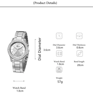Detailed specifications of silver Geneva quartz watch with rhinestone bezel and steel band