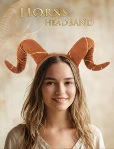 Close-up of brown velvet horns headband with gold thread detail on model