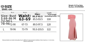 Size chart for off-shoulder mesh dress showing S, M, L measurements in centimeters