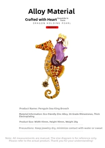 Detail of penguin king on seahorse brooch with crystal rhinestones and size dimensions