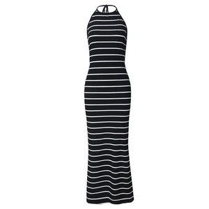 Detail view of the halter neck and horizontal black and white stripes on this bodycon dress