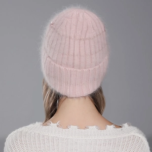 Pink sequin knit beanie for women made of soft mohair with warm ribbed texture