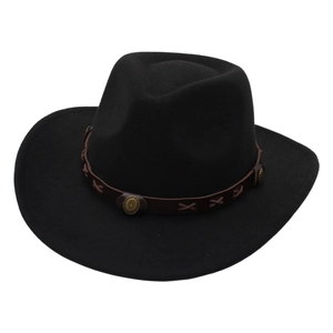 Classic black wool felt cowboy hat featuring a brown leather band with metal rivets