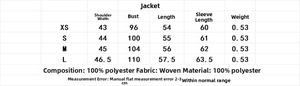 Size guide for women's short suede jacket with detailed measurements in centimeters