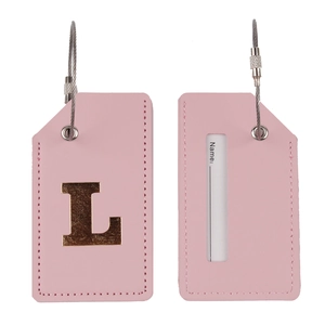 Pink PU leather luggage tags set with gold letter L and clear ID card window