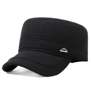 Men's winter thick wool flat top cap in black featuring a metal mountain sport badge