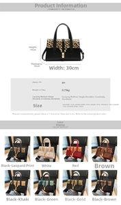 Detailed dimensions and specifications for the leopard print patchwork handbag