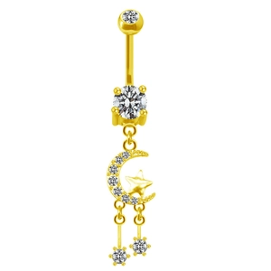 Vue détaillée du piercing de nombril doré avec pendentif lune et étoile et zircons