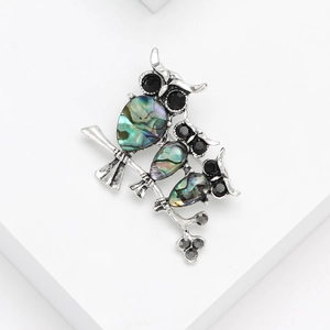 Exquisite owl family brooch with natural abalone shell inlay on silver metal base