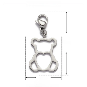 Technical dimensions of a stainless steel bear charm pendant with lobster clasp attachment