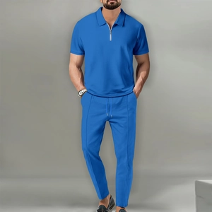 Men's blue waffle texture leisure set featuring quarter-zip polo shirt and long pants