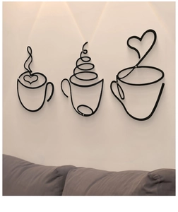Three-piece black metal wire coffee cup wall art with elegant minimalist line art design