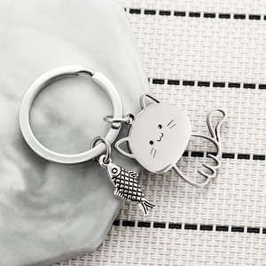 Cute stainless steel cat and fishbone keychain with minimalist silver metal charms