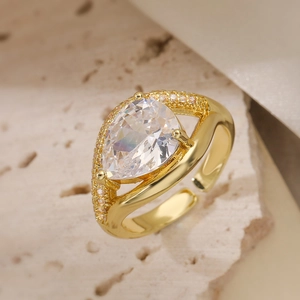 Elegant 18K gold plated pear-cut zircon ring with pavé stones on adjustable band