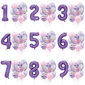 Pink and purple butterfly number balloon set for children's birthday party decoration