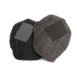 British style wool herringbone flat caps with DIY patch area in grey and red tones