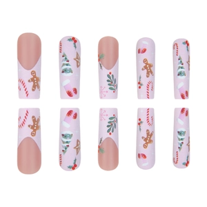 Christmas press-on nails featuring cute gingerbread man and festive french almond design