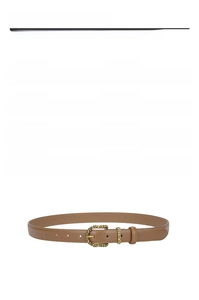 Brown leather belt detail showing 2.3cm width and vintage alloy buckle specifications