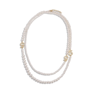 Double-layered imitation pearl necklace with gold crystal encrusted number 5 pendants