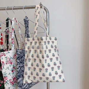 Vintage Floral Tote Bag Canvas Cotton Fabric Aesthetic Daily Shoulder Handbag Women Girls Large Capacity Flowers Pattern