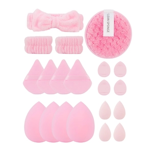 20-piece pink makeup tool set with sponges, puffs, and plush bow headband