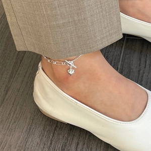 Minimalist 925 sterling silver heart charm anklet with stylish T-bar toggle clasp