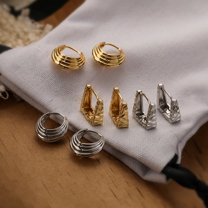 Geometric Huggie Hoop Earrings Retro Copper Gold Silver Plated Multi Layer Ribbed Spiral Texture Dainty Jewelry Women