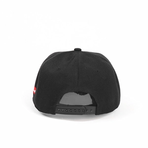 Rear view of black snapback baseball cap with adjustable strap and 3D letter printing