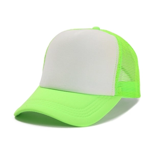 Detail of neon green trucker hat with white foam front and mesh back panel