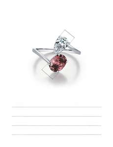 Detail of s925 silver ring featuring pear-cut white zircon and oval reddish gemstone
