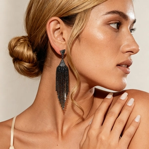 Black Zircon Tassel Fan Shaped Dangle Earrings With 925 Sterling Silver Earring Post Gothic Luxury Jewelry For Women