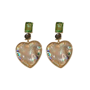 Vintage gold heart earrings with green crystals and abalone shell inlays