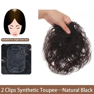 Synthetic hair topper with 2 clips, breathable short curly hairpiece for natural black.