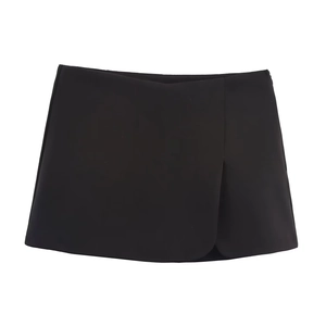 Minimalist black wrap skort with side split design for women, flat lay on white background