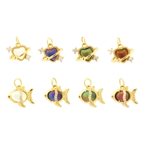 18K gold plated fish and planet crystal pendants with colorful zirconia inlay charms