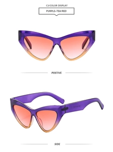 Detail view of purple cat-eye sunglasses with orange gradient lenses from multiple angles
