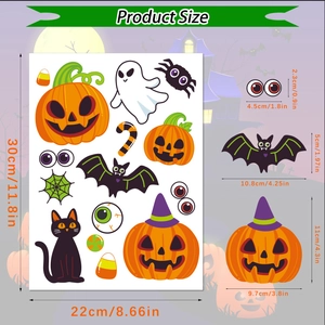 Halloween pumpkin and ghost static window stickers with detailed product dimensions chart