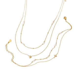 Multi-layer gold-plated S925 silver necklace with white pearls and star charms on white background
