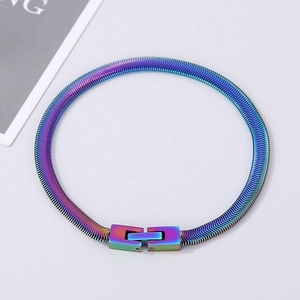 Macro view of a 5mm rainbow stainless steel snake chain bracelet with clasp