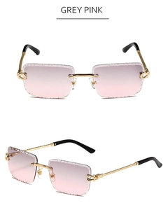 Detail of rimless square grey pink gradient sunglasses with twisted metal temples