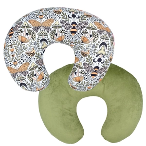 Detail of two-piece U-shaped nursing pillow covers with nature prints and green solid color