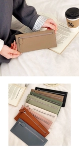Litchi pattern leather wallet with multiple card slots and metal zipper pocket detail