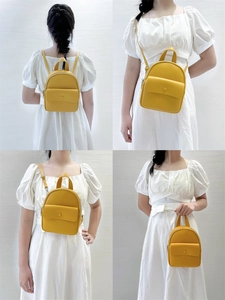 Detail view showing four styling ways for yellow mini backpack and crossbody bag